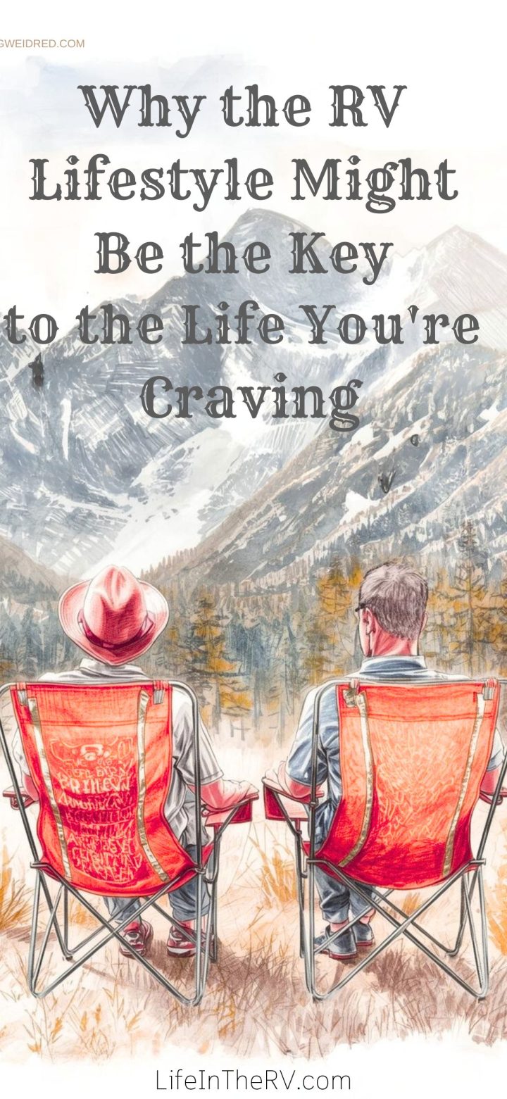 Two people sit in red camping chairs facing snow-capped mountains, embodying the RV lifestyle, with the text "Why the RV Lifestyle Might Be the Key to the Life You're Craving" above them.