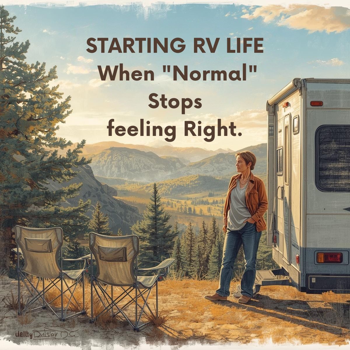 A person stands next to an RV on a scenic overlook with mountains and trees, two empty chairs nearby, and the text: "Starting RV Life—when 'normal' stops feeling right.