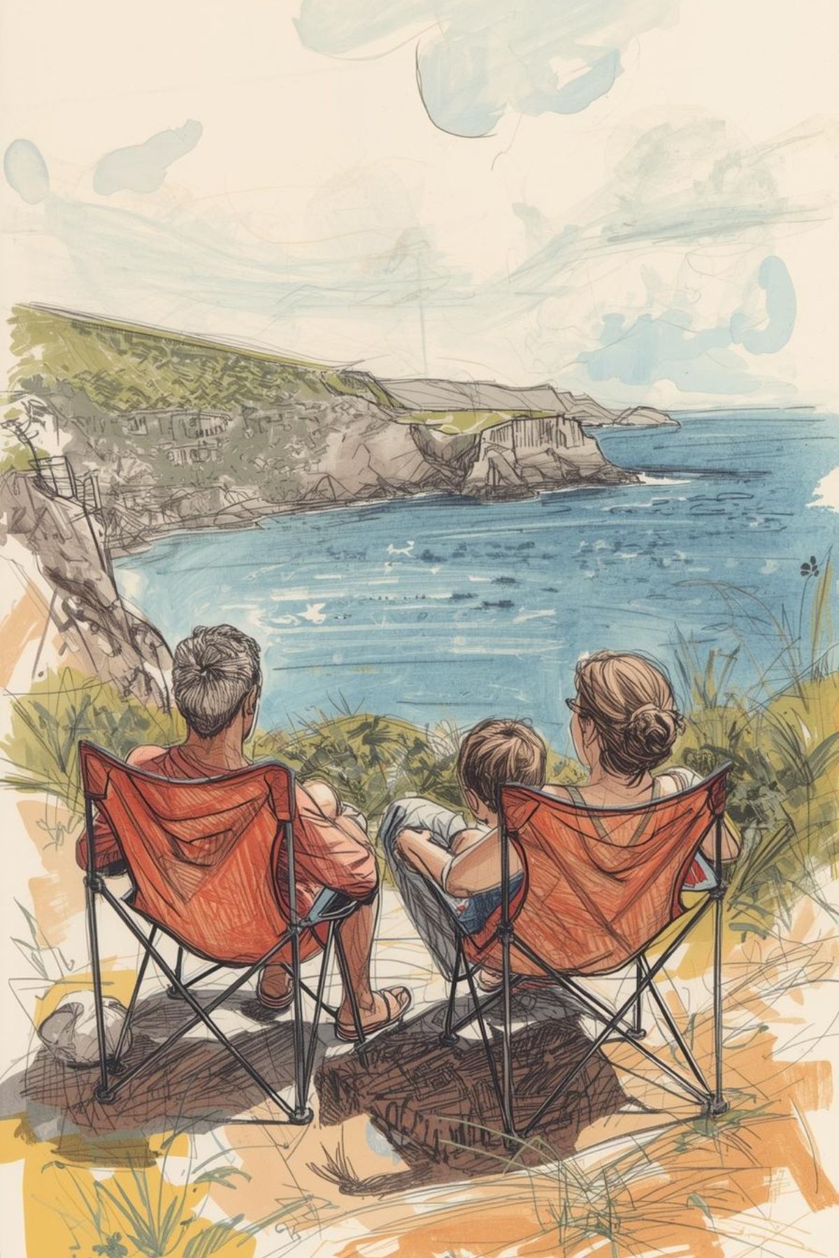Three people sit in orange camping chairs on a cliffside, embracing the RV lifestyle as they gaze out over the ocean and rocky coastline beneath a partly cloudy sky.