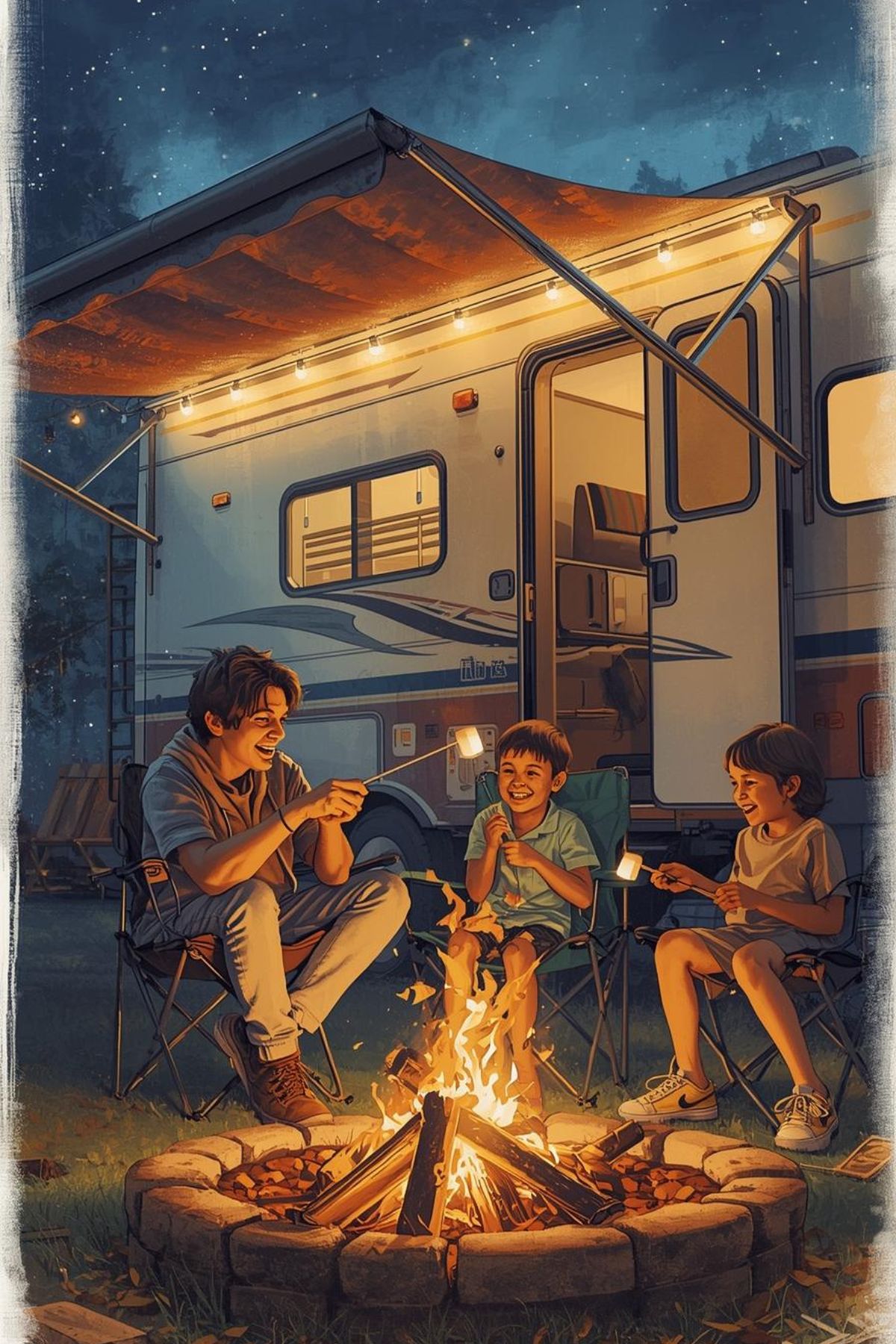 Three people sit around a campfire roasting marshmallows in front of a lit camper at night, enjoying the RV lifestyle.