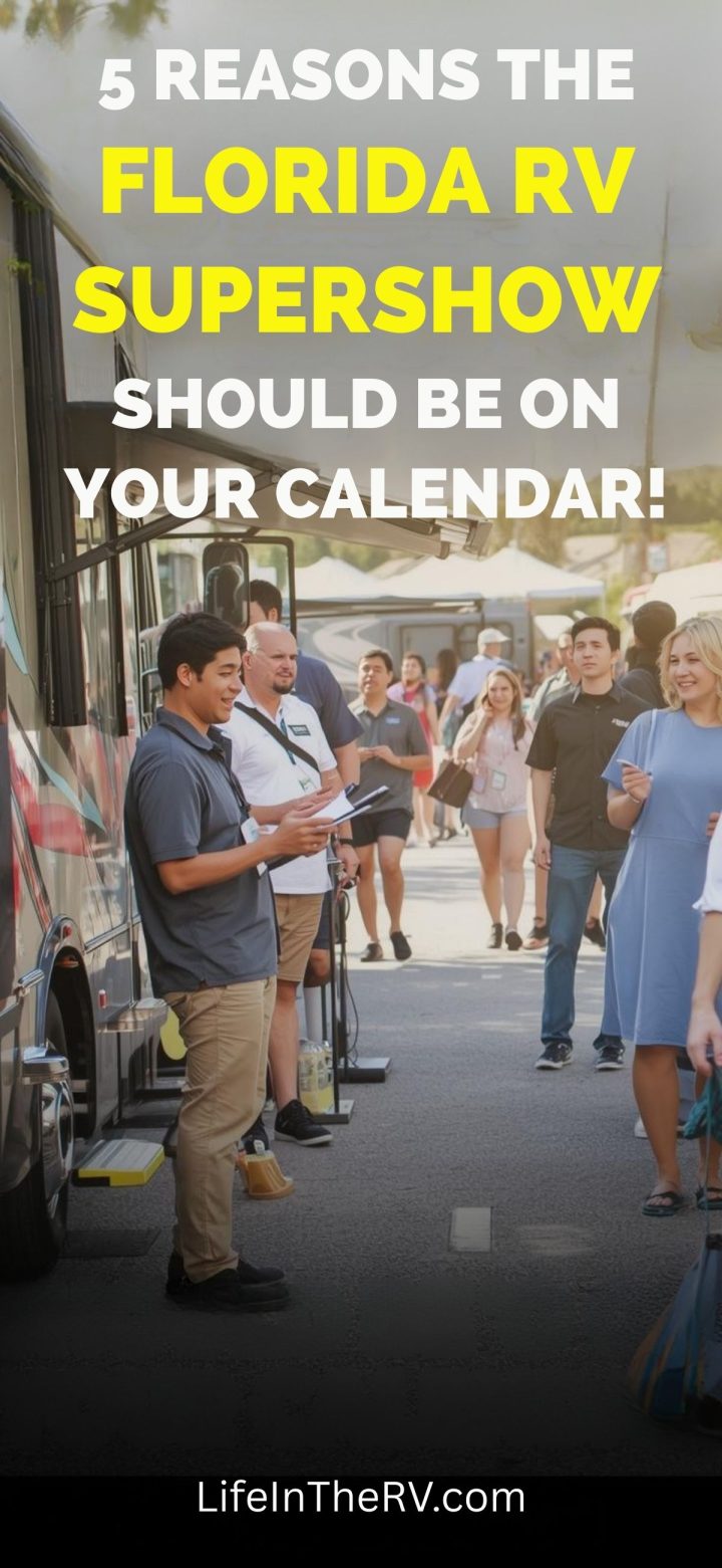 People walk and interact near RVs at an outdoor event. Text overlay promotes the Florida RV Supershow, inviting viewers to add the must-see Florida RV Supershow to their calendars.