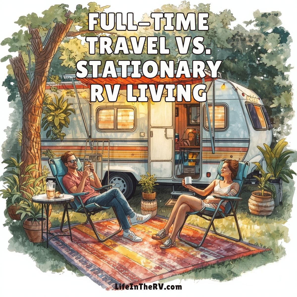 Two people sit outside an RV parked in a scenic area, relaxing on lawn chairs with drinks. The image is titled "Full-Time Travel vs. Living in an RV Stationary.