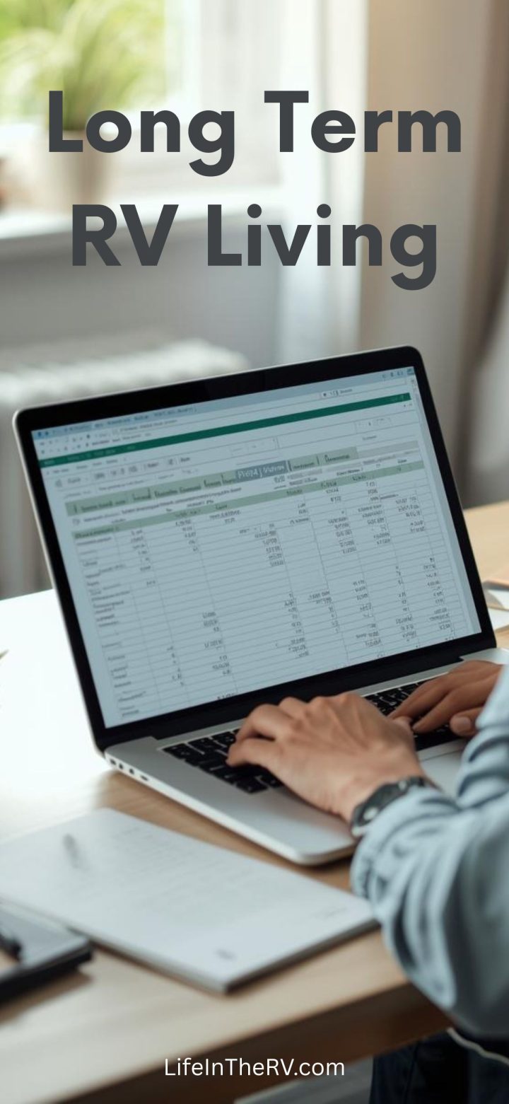 A person works on a laptop with a spreadsheet open, sitting at a desk by the window, showcasing the organized side of Long Term RV Living. Text reads "Long Term RV Living.