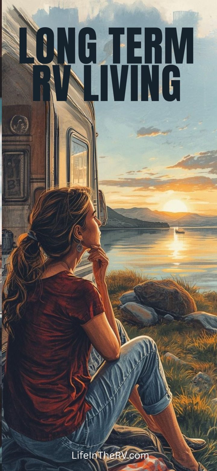 A woman sits outside an RV by a lake at sunset, gazing at the water. The text reads, "Long Term RV Living—find inspiration and tips at LifeInTheRV.com.