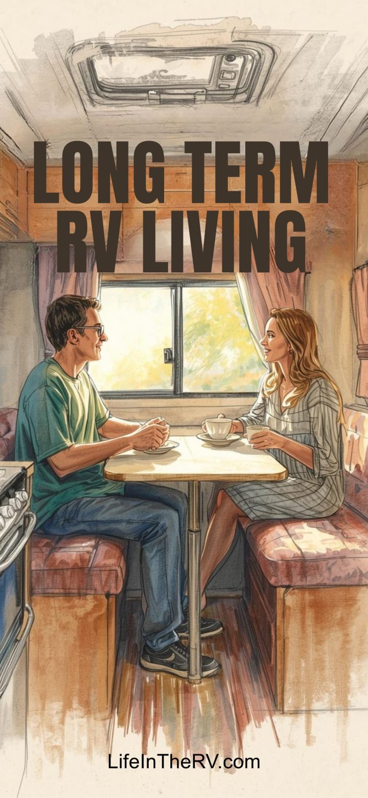 A man and woman sit across from each other at a table inside an RV, enjoying the comforts of long term RV living. Text reads "LONG TERM RV LIVING" with "LifeInTheRV.com" at the bottom.