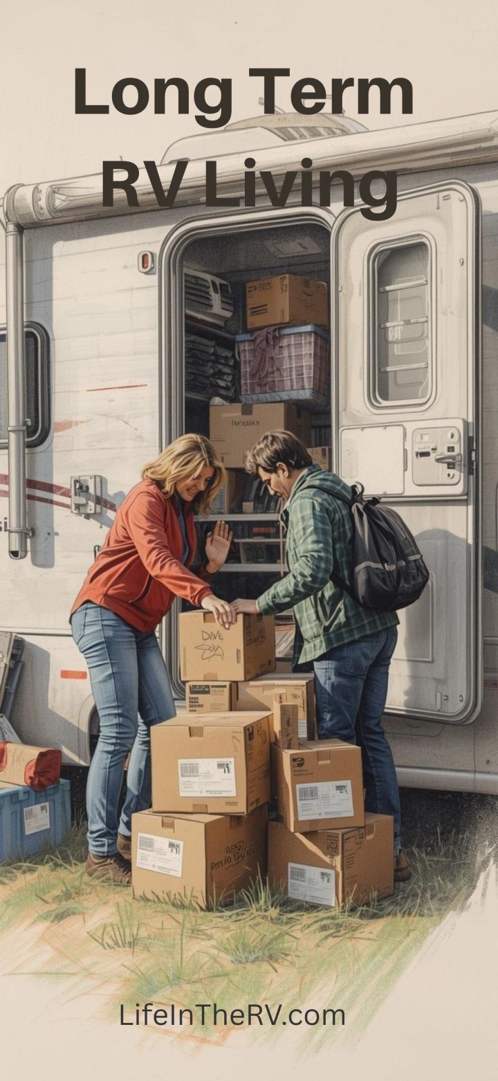Two people unload cardboard boxes from an RV, with more visible inside. The text reads "Long Term RV Living" and "LifeInTheRV.com," capturing the essence of organizing for a long-term journey on the road.