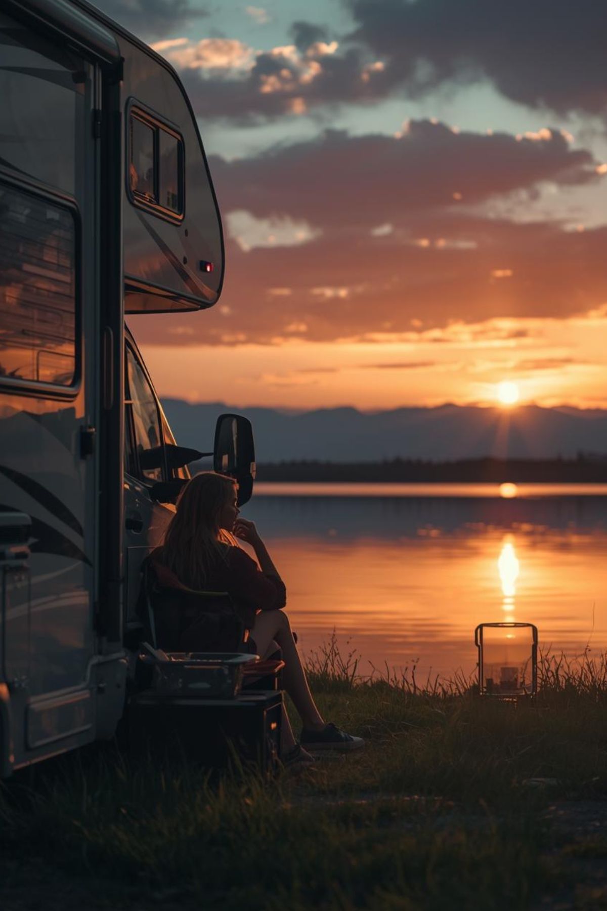 A person enjoys long term RV living, sitting beside a camper van near a lake, watching the sunset over the water with mountains in the distance.