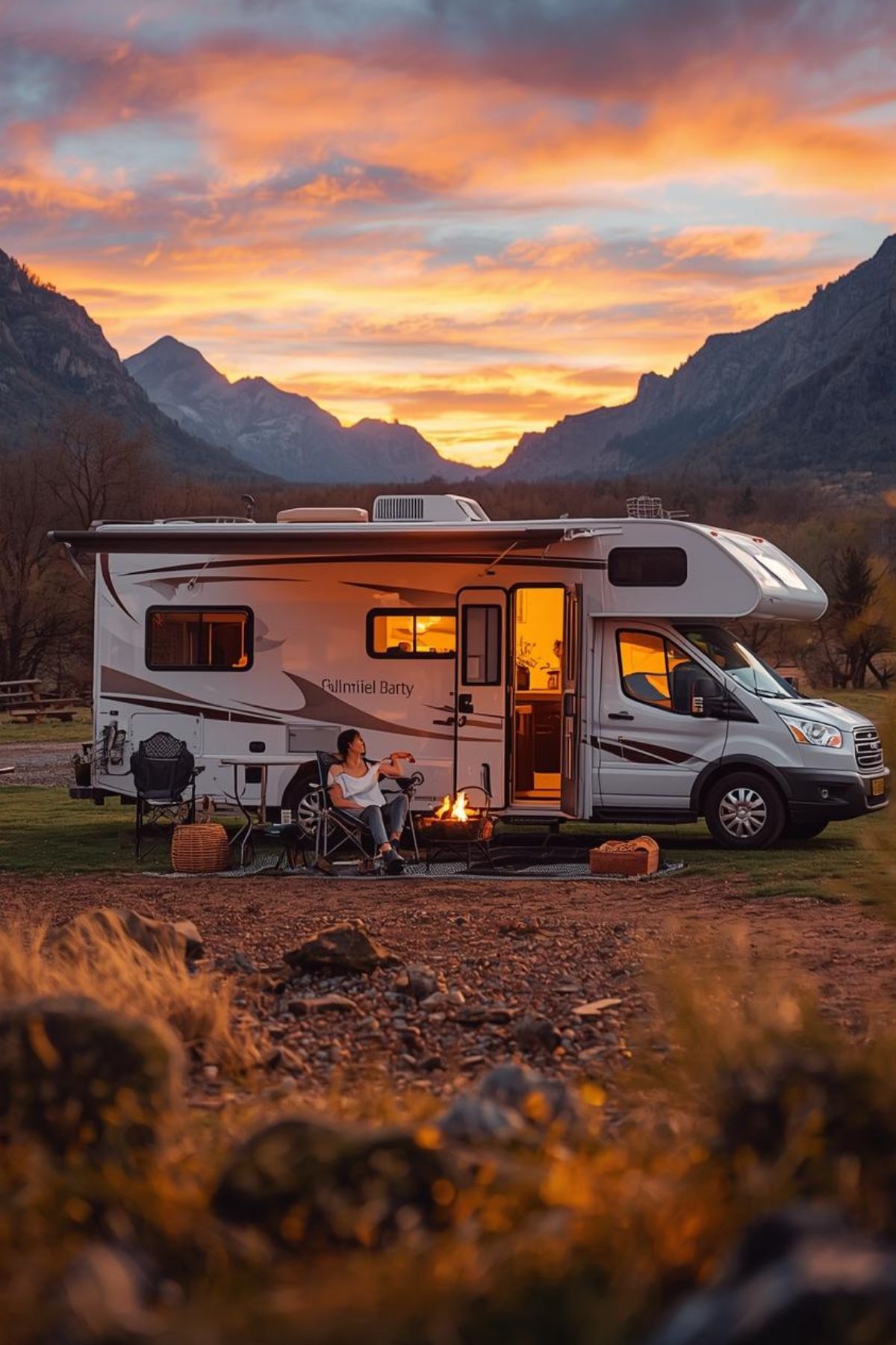 Enjoying long term RV living, a person sits by a campfire outside a parked RV in a scenic mountain landscape at sunset, with dramatic clouds overhead.