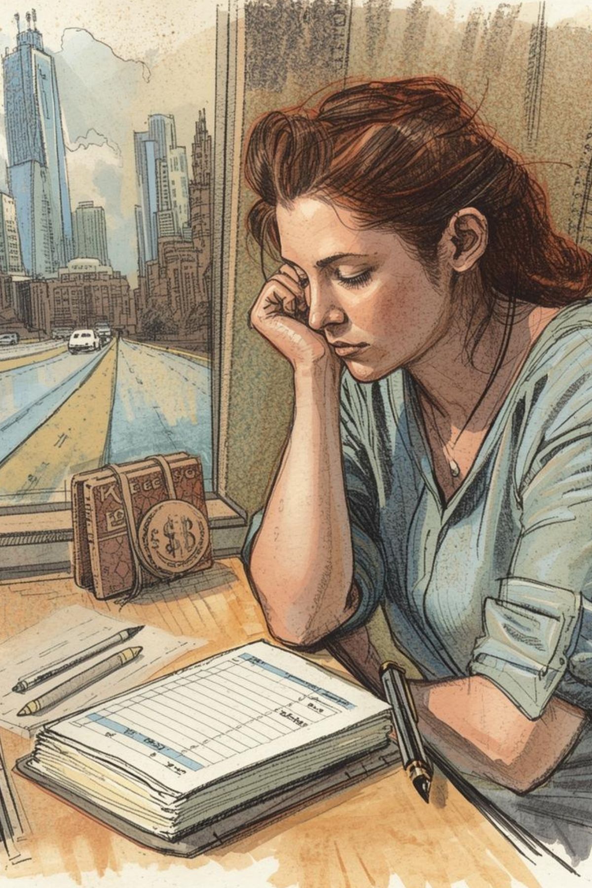 A woman sits at a desk by a window, looking down at a ledger with a pen in hand. City buildings and a road with cars—some perhaps embarking on long term RV living—are visible outside the window.