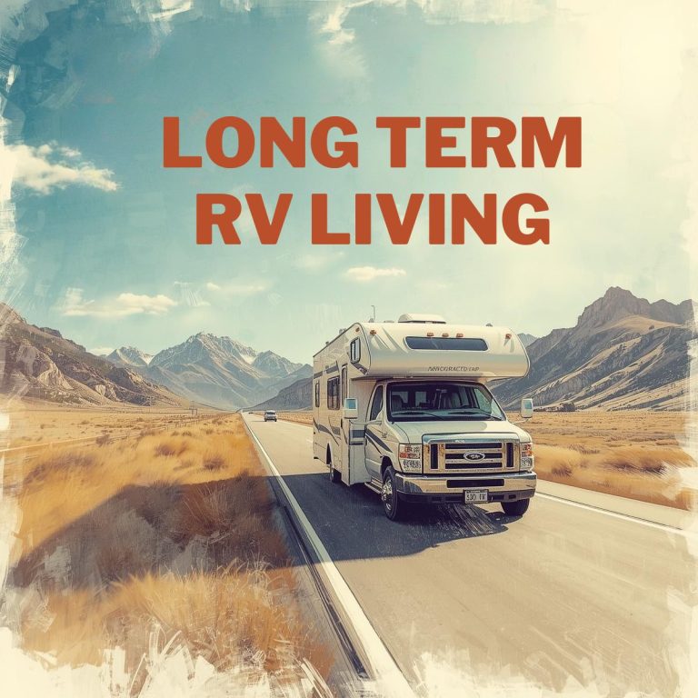 A motorhome cruises down a highway through a dry, mountainous landscape, capturing the freedom and adventure of Long Term RV Living with “LONG TERM RV LIVING” displayed above.
