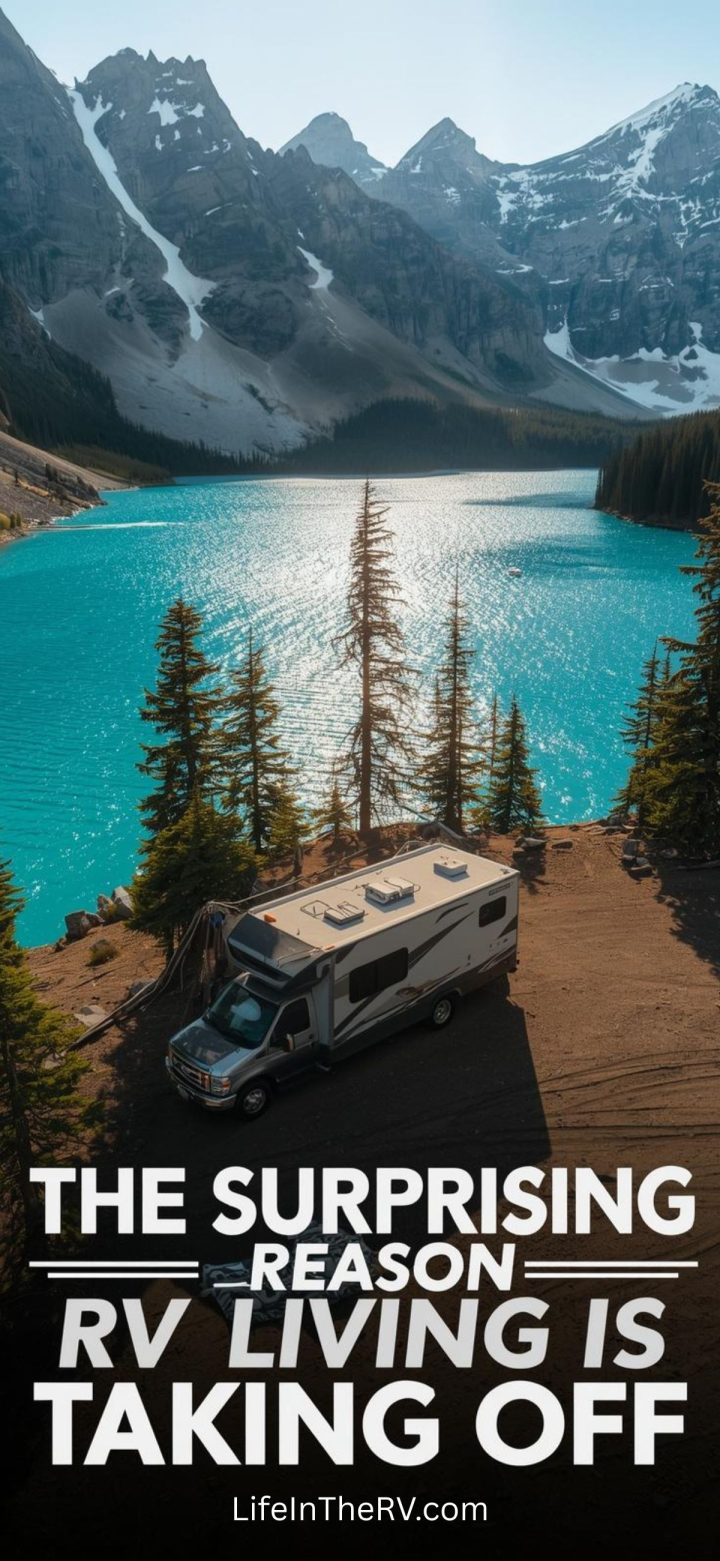 An RV is parked by a turquoise lake surrounded by pine trees and mountains under a clear sky, with text emphasizing that RV Life Is Growing Fast in popularity.