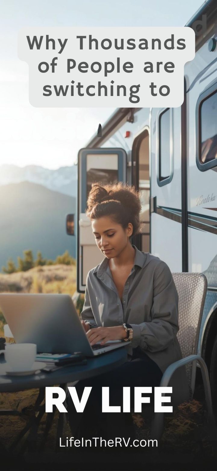 A woman works on a laptop outside an RV in a scenic outdoor setting, with text highlighting that RV Life Is Growing Fast and featuring a website link.