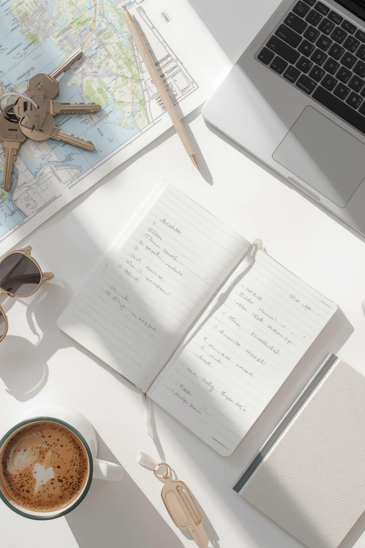 A flat lay of a notebook with handwritten notes, a map, laptop, pencil, sunglasses, keys, and coffee on a white desk in sunlight captures the spirit of adventure—perfect for planning travels as RV life is growing fast.