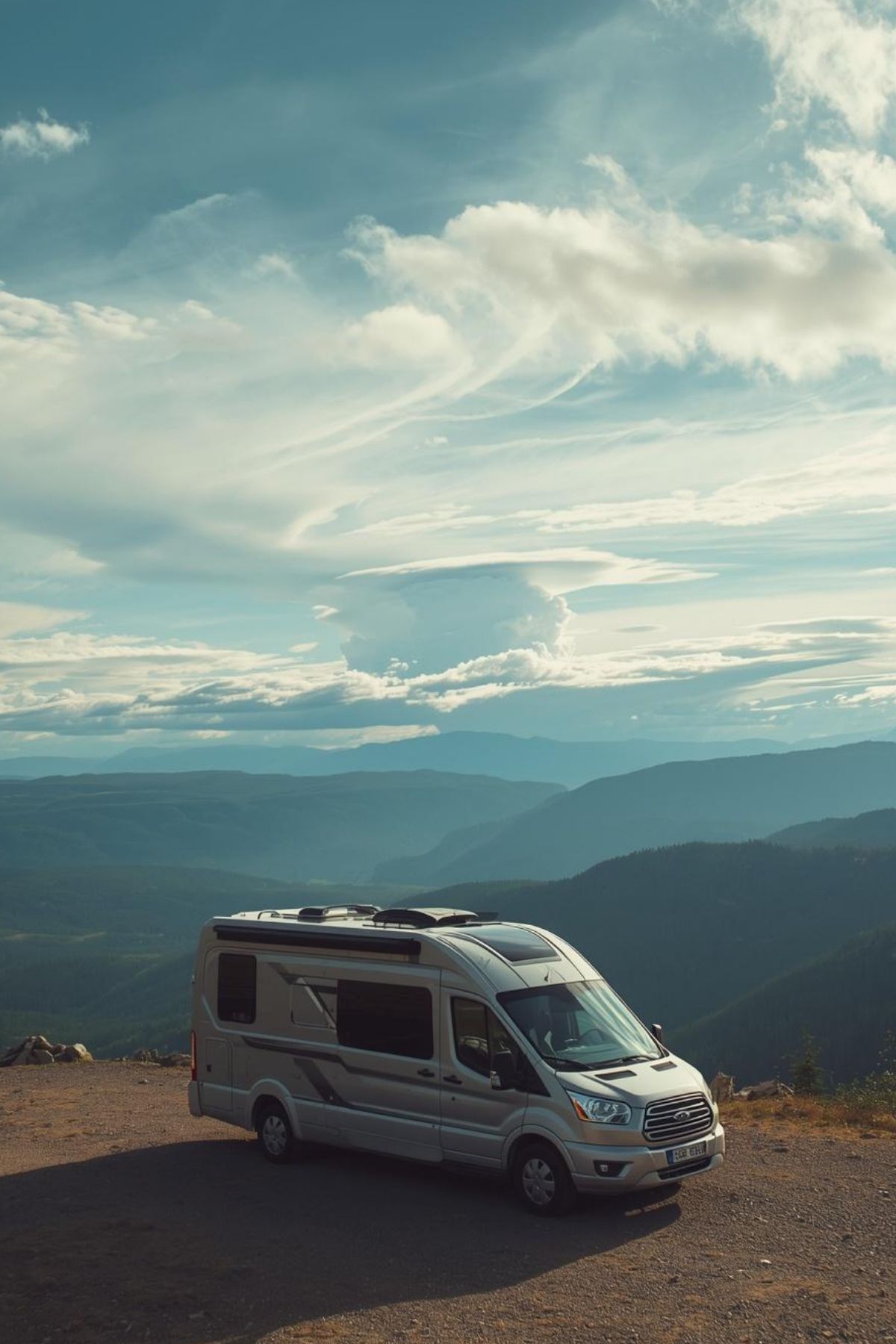 A camper van is parked on a mountain overlook with expansive views of distant mountains and a cloudy sky in the background, reflecting how RV Life Is Growing Fast among outdoor enthusiasts.