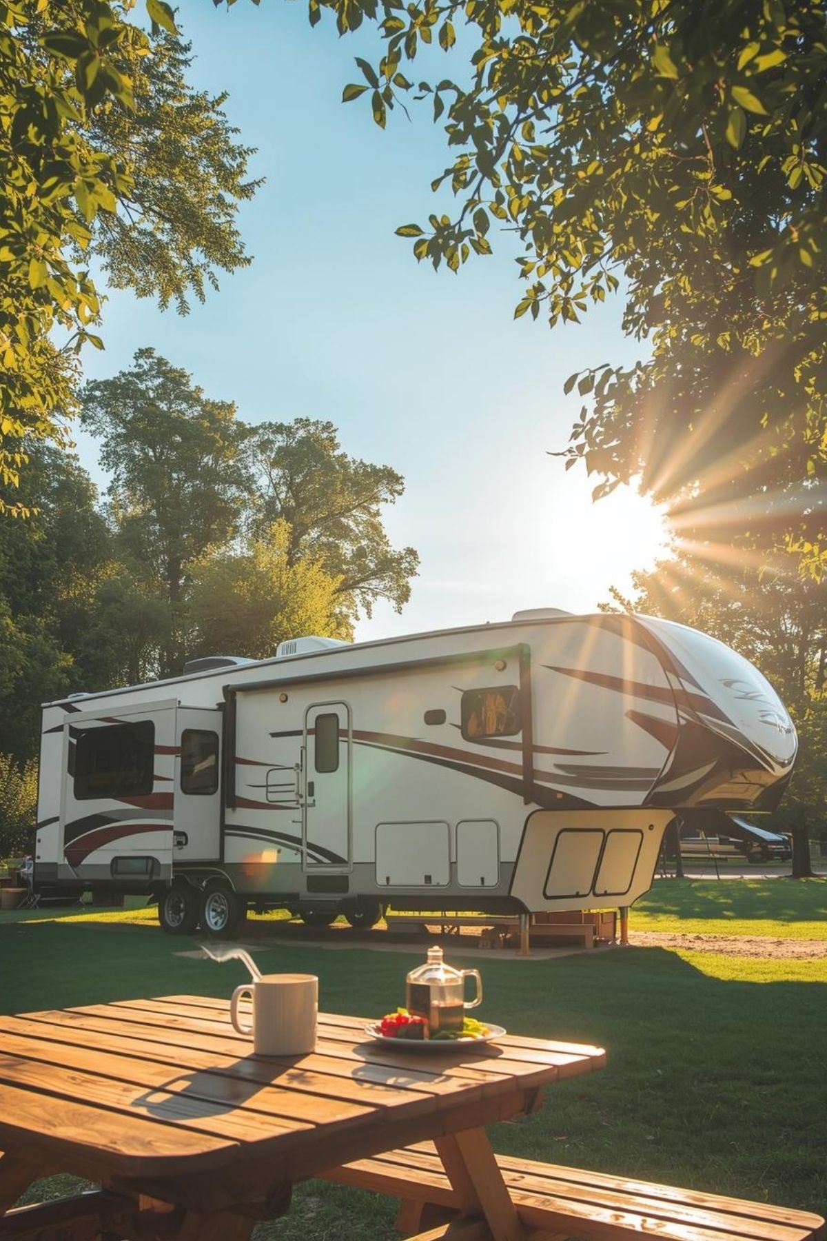 A large white RV parked on green grass near trees, with a wooden picnic table and a coffee setup in the foreground, under a bright sunny sky—showcasing how RV life is growing fast across scenic spots like this.
