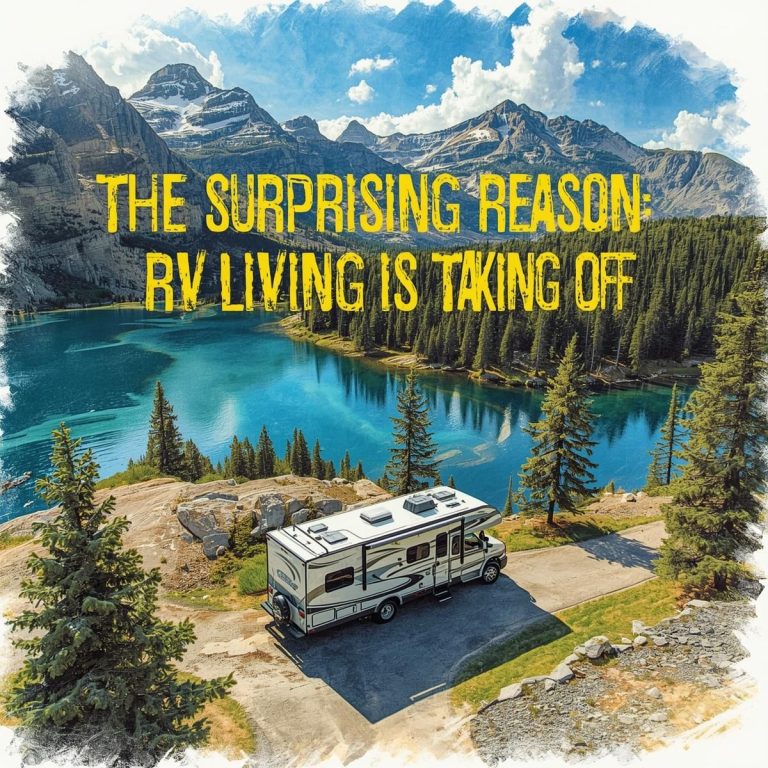 An RV is parked by a lake surrounded by pine trees and mountains under a blue sky. Text overlay reads: "The surprising reason RV Life Is Growing Fast.