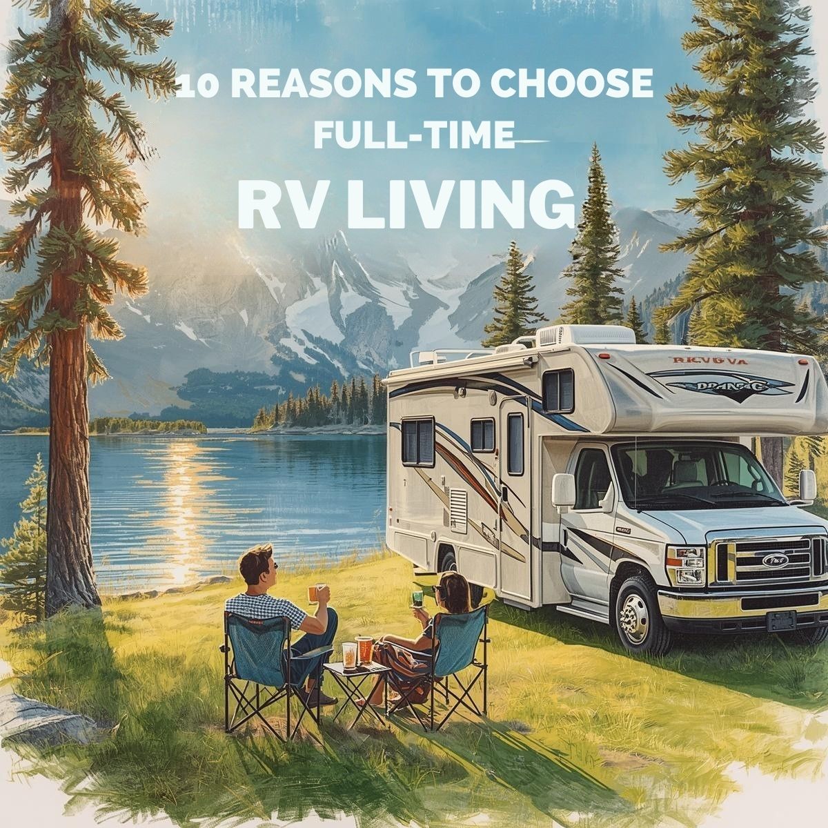 A man and woman sit in chairs by a lake next to an RV, with mountains and trees in the background. Text reads, "10 Reasons to Choose RV Living Full Time.