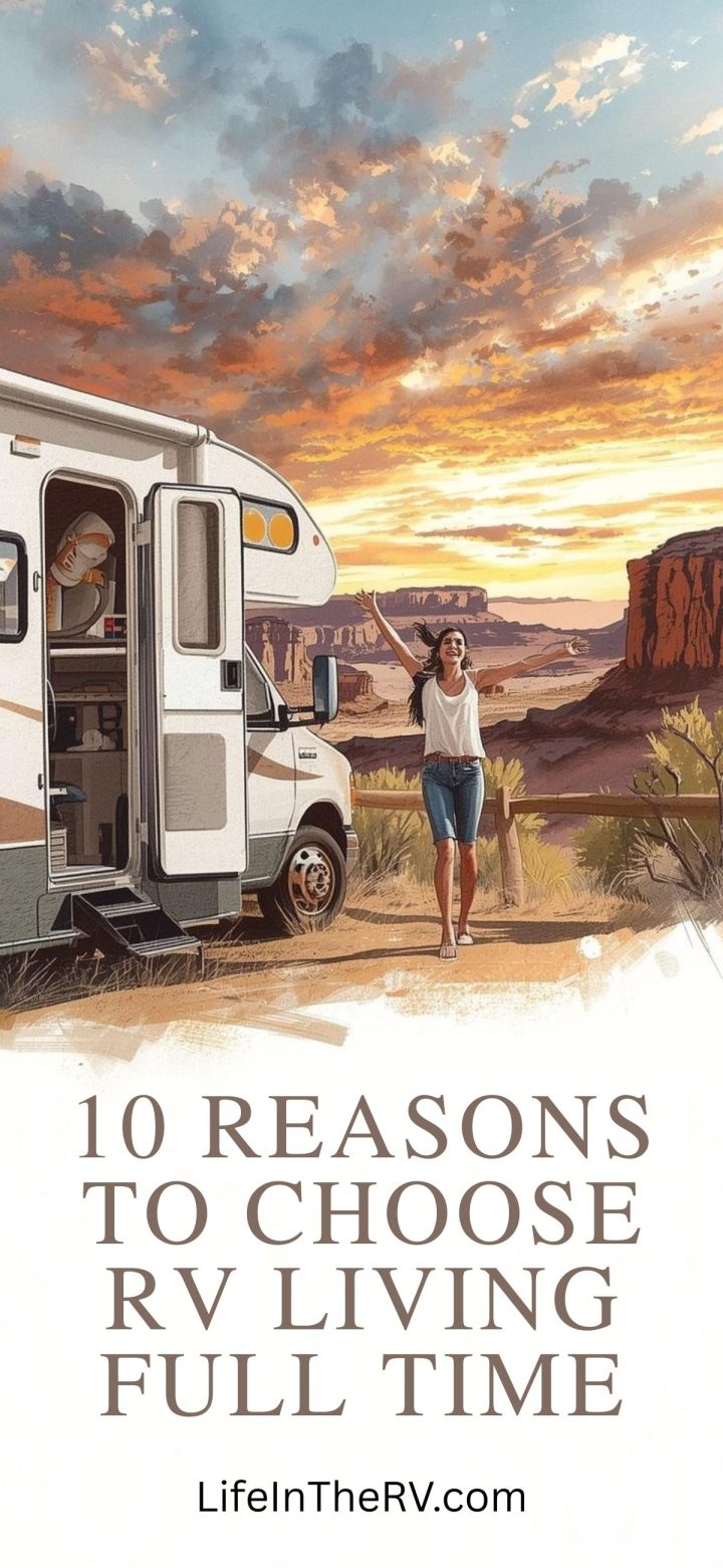 A woman stands outside an RV parked in a desert landscape at sunset. Text reads: "10 Reasons to Embrace RV Living Full Time. LifeInTheRV.com.