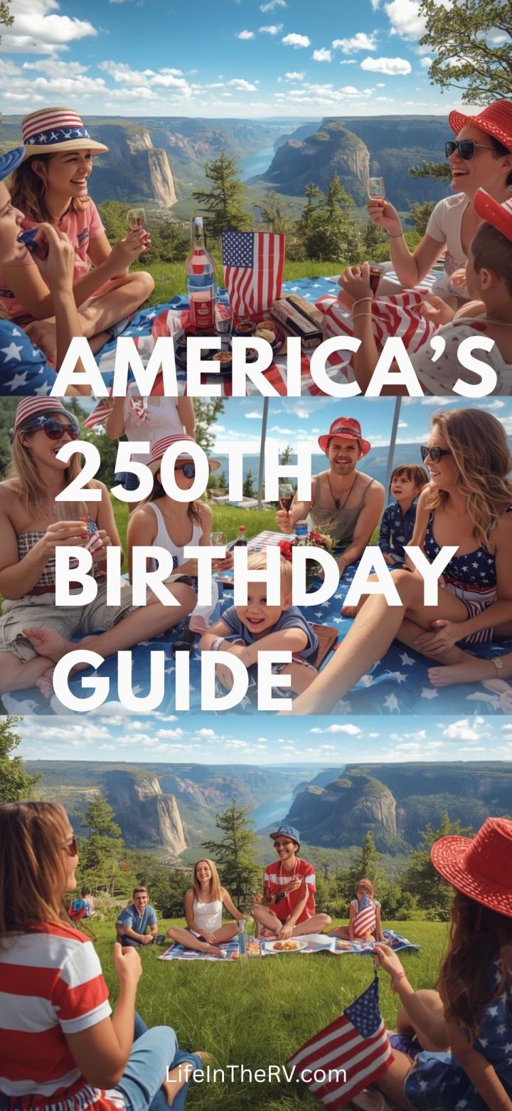 A group of people in patriotic clothing have a picnic outdoors with American flags, joyfully celebrating America’s 250th Birthday. Mountains and a blue sky provide a stunning backdrop.