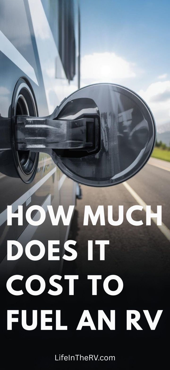 Close-up of an RV fuel tank with the gas cap open next to bold white text reading “How much do RV fuel costs impact your trip?”.