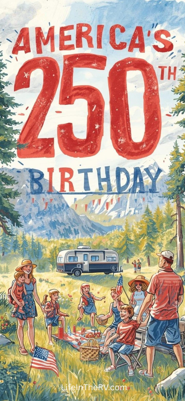 A family celebrates America’s 250th Birthday outdoors with an RV, picnic, and American flags, surrounded by trees and mountains.