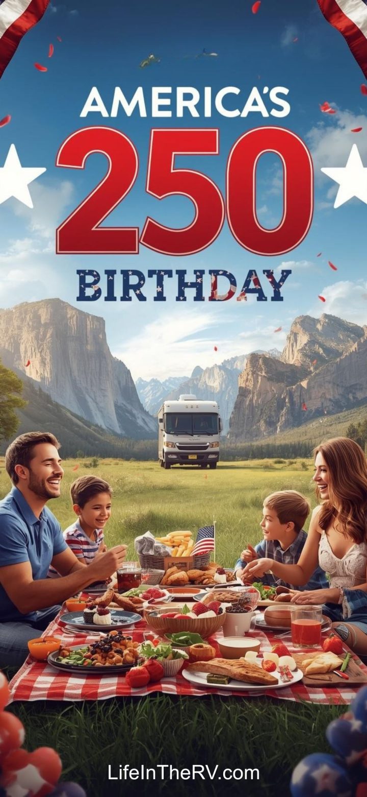 A family enjoys American-themed food at a picnic in front of an RV and mountains, celebrating America's 250th Birthday. A festive banner and flag complete the scene.