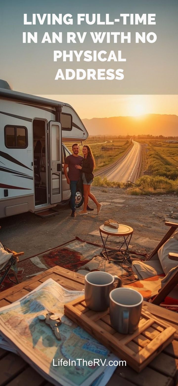 A couple stands by their RV at sunset near a highway, coffee mugs and a map on the table. Text reads: "Living Full Time in an RV with no physical address.
