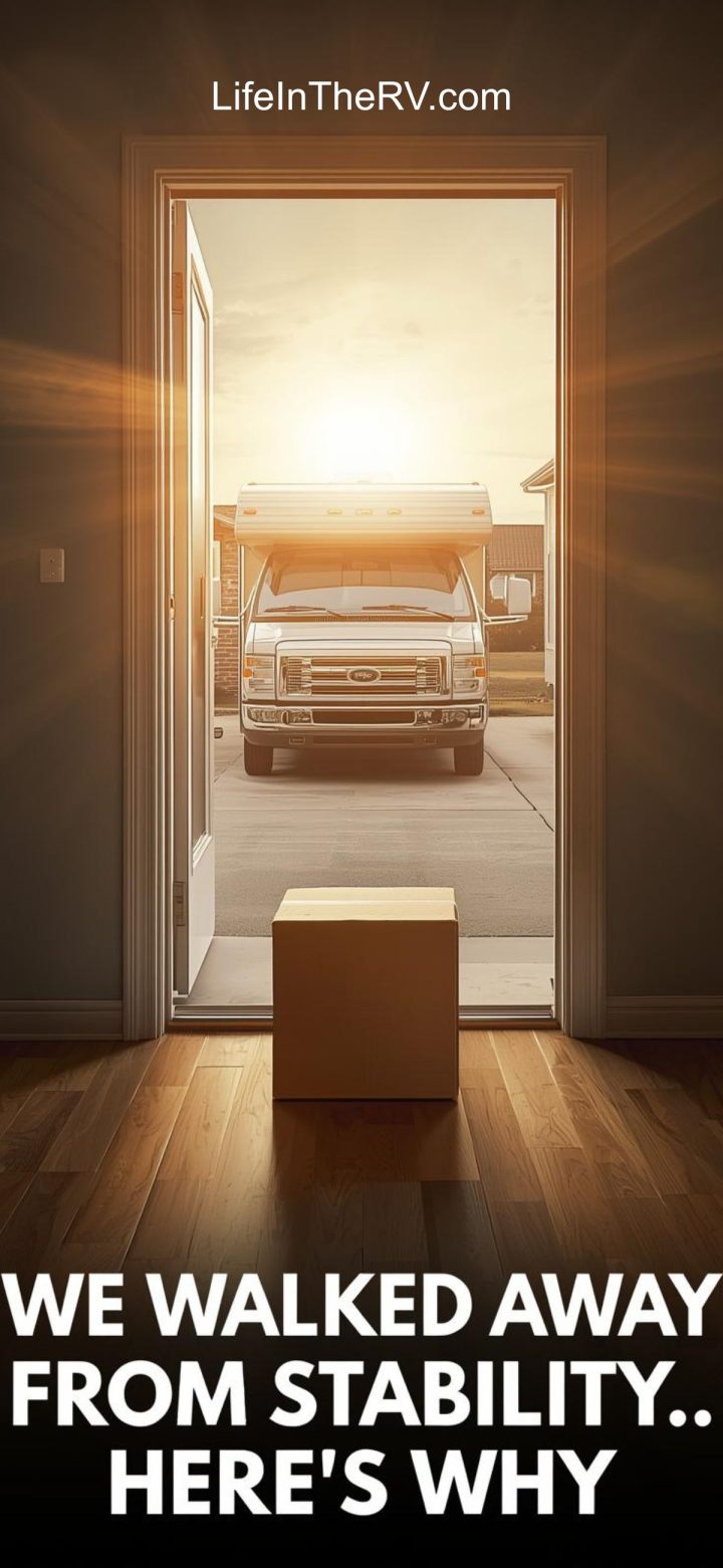 A cardboard box sits inside a doorway, looking out at an RV parked in a driveway at sunset. Text reads, "We walked away from stability, trading stability for adventure... here's why.