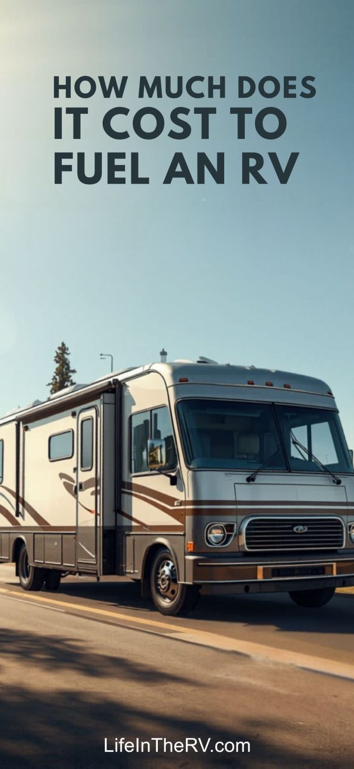 A large RV is parked on a sunny road with text above reading, "How much are RV fuel costs?" The website LifeInTheRV.com appears at the bottom.