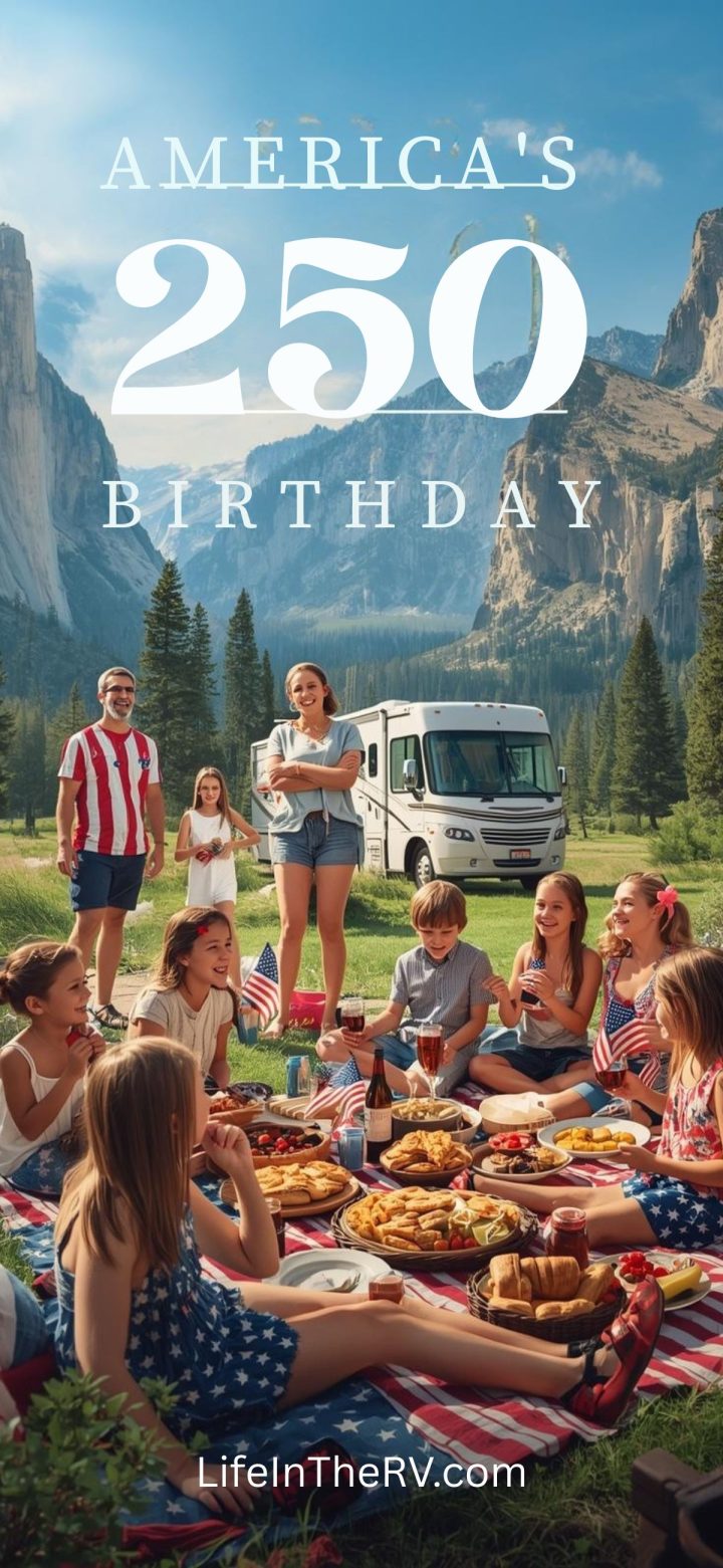 A group of people celebrate Americas 250th Birthday with a picnic in front of an RV and mountains, surrounded by American flags and delicious food on display.