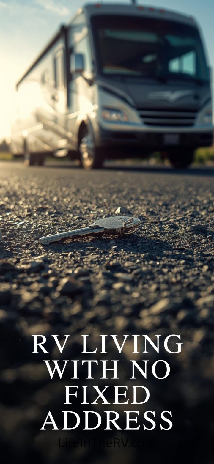A set of keys lies on the pavement in front of a parked RV, with the text "Living Full Time in an RV With No Fixed Address" overlaid at the bottom.