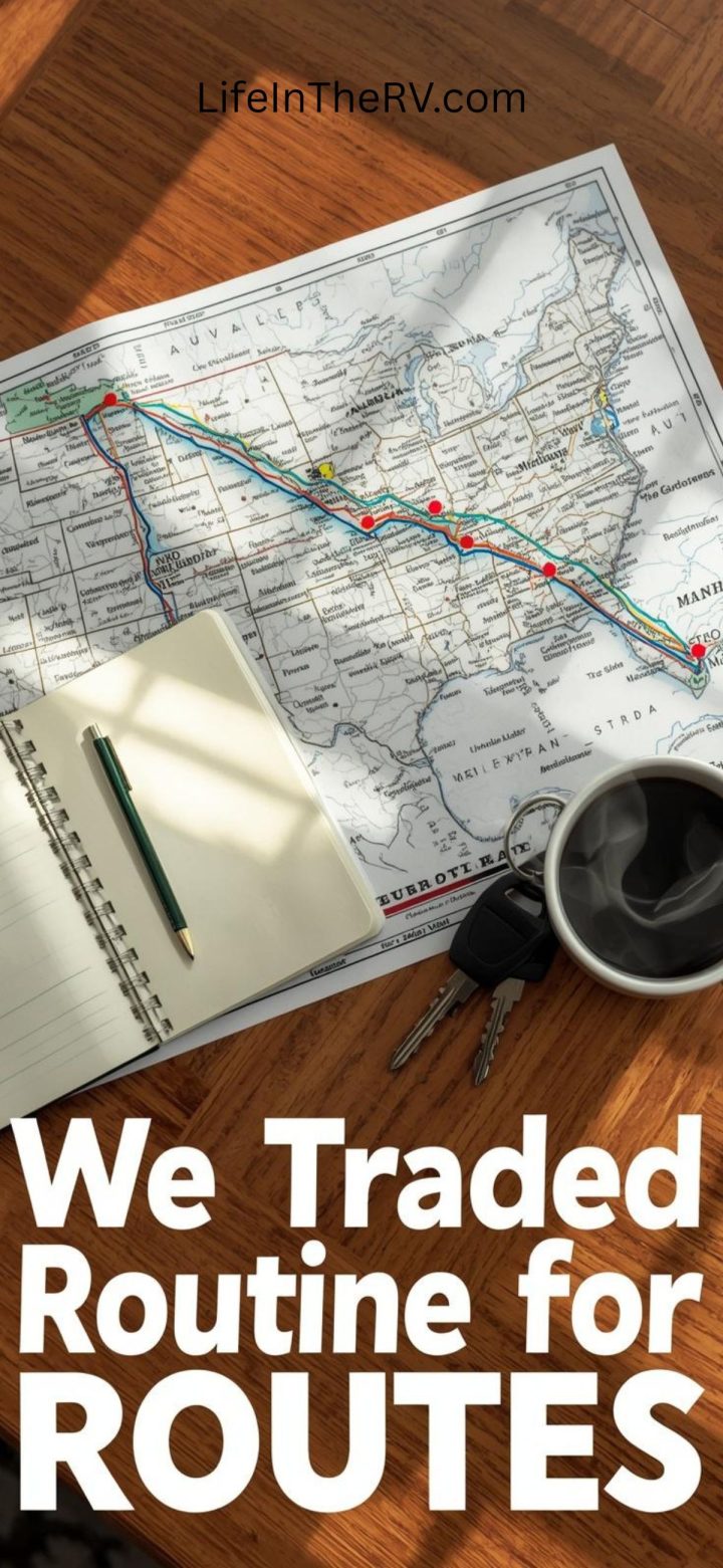 A map with a marked route, a notebook with a pencil, car keys, and a coffee cup on a wooden table. Text reads: "We Traded Stability for ROUTES.
