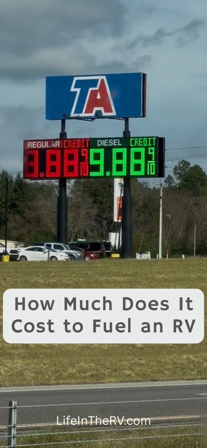 Gas station price sign displays regular gas at $3.89 and diesel at $9.88, with a text overlay questioning RV fuel costs and a website link at the bottom for more details.