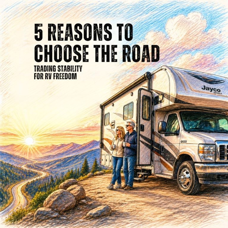 A couple stands beside a Jayco RV on a scenic mountain road at sunset. Text reads, "5 Reasons to Choose the Road: Discover the joy of trading stability for RV freedom.