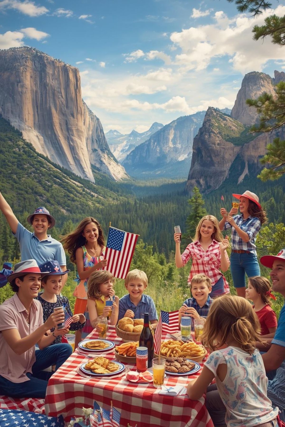A group of people celebrate outdoors with food and American flags on a picnic table, set against a mountainous landscape, gathering in honor of the Americas 250th Birthday.