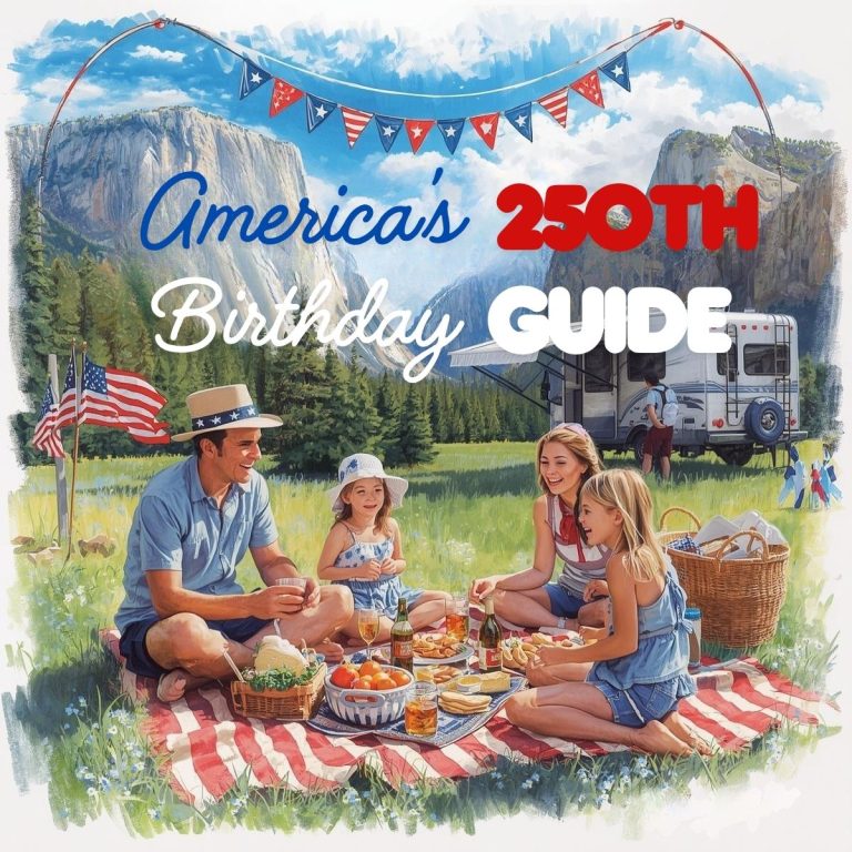A family of four enjoys a picnic on a red striped blanket in a park with an RV, mountains, and American flags. Text reads: "America's 250th Birthday Guide"—your go-to for celebrating America's 250th Birthday in style!.