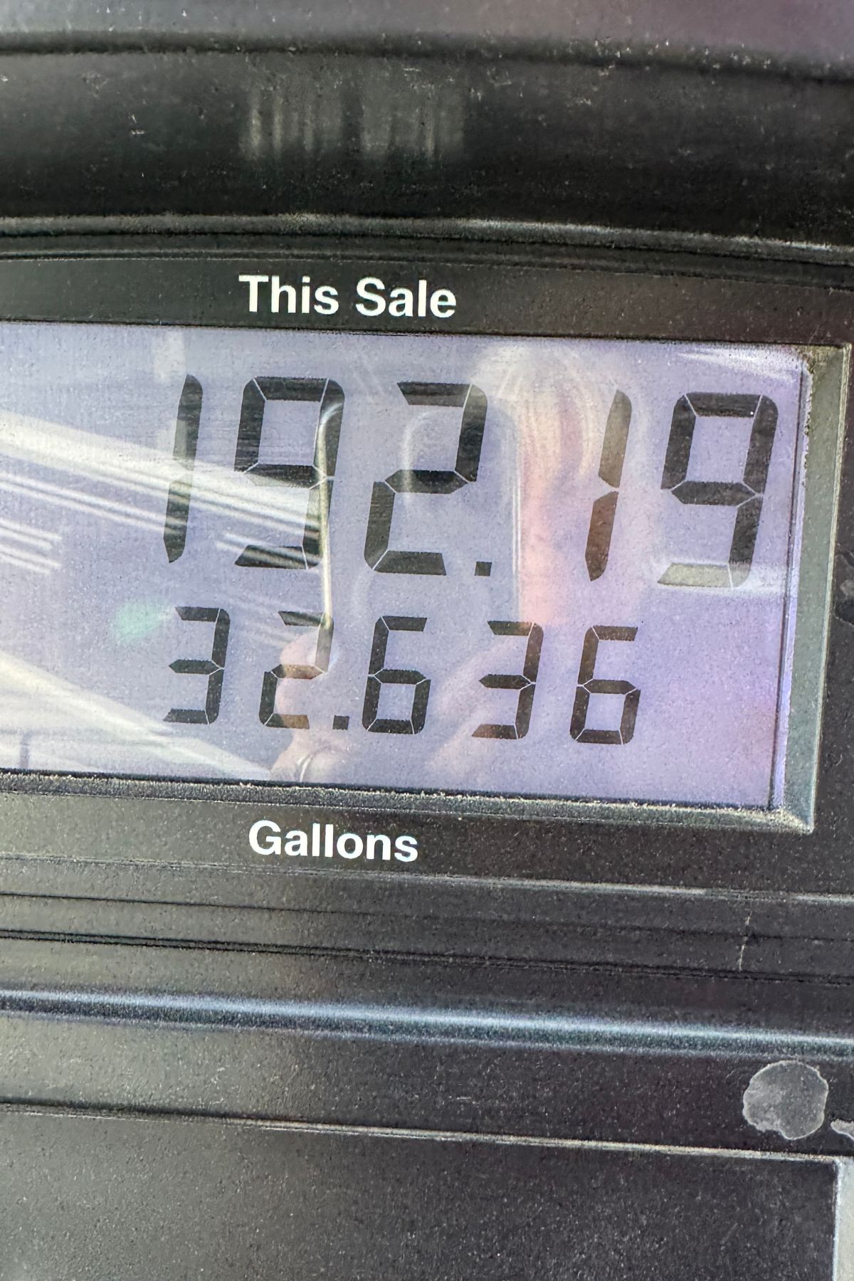 Gas pump display showing a total sale of $192.19 for 32.636 gallons of fuel, highlighting typical RV fuel costs.
