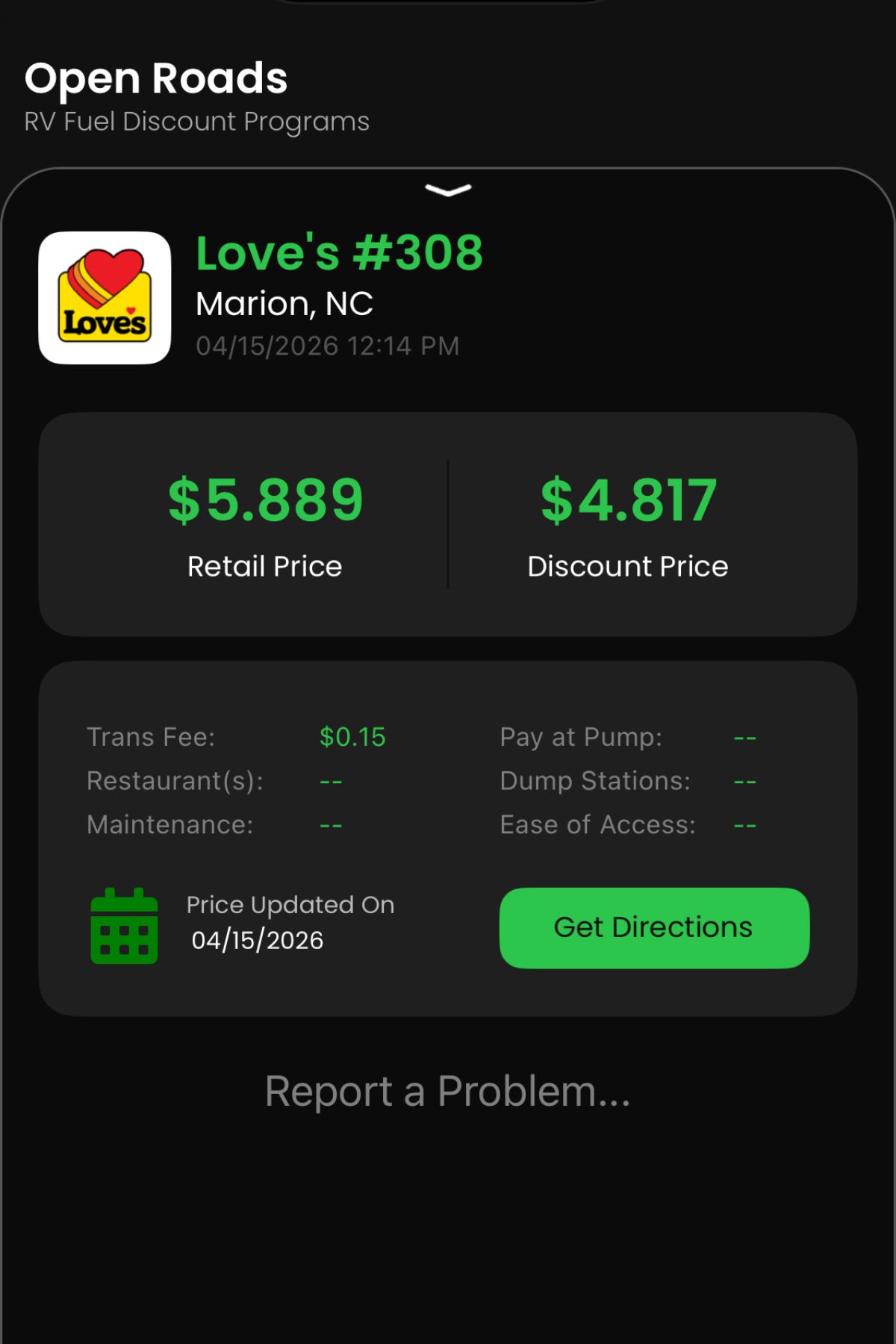 Screenshot of an app showing RV fuel costs at Love's #308 in Marion, NC, with a retail price of $5.889 and a discount price of $4.817 as of 04/15/2026.