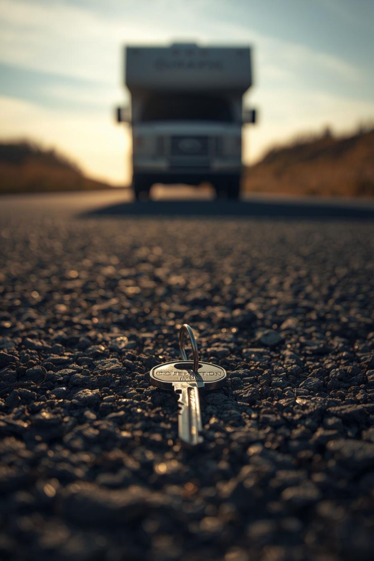 A key lies on an asphalt road with a blurred RV parked in the background during daylight, capturing a moment from the journey of living full time in an RV.