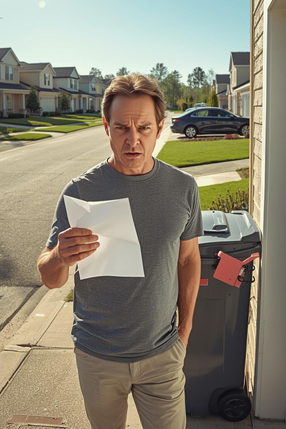 A man stands outside by a trash bin, holding and reading a piece of paper with a concerned expression—perhaps weighing the pros and cons of living full time in an RV. Suburban houses and a parked car are visible in the background.