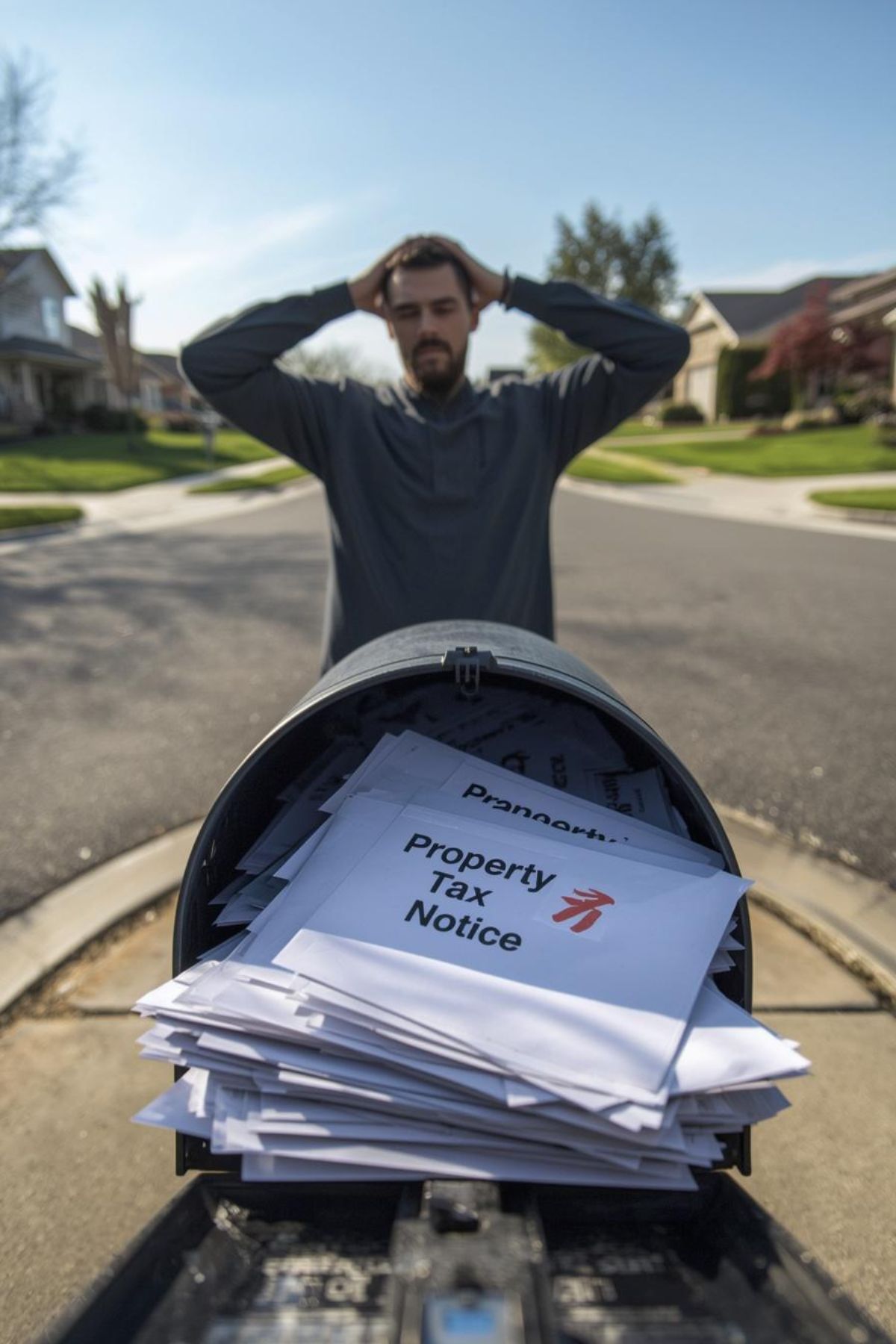 A man stands by the street with his hands on his head, looking at a mailbox overflowing with "Property Tax Notice" envelopes, wishing he was living full time in an RV instead.