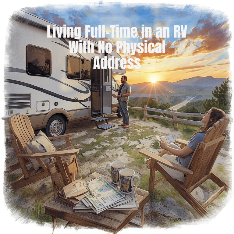 A man stands by an RV parked at a scenic overlook, while a woman sits nearby reading a newspaper. Text reads, "Living Full Time in an RV—embracing life on the road with no permanent address.