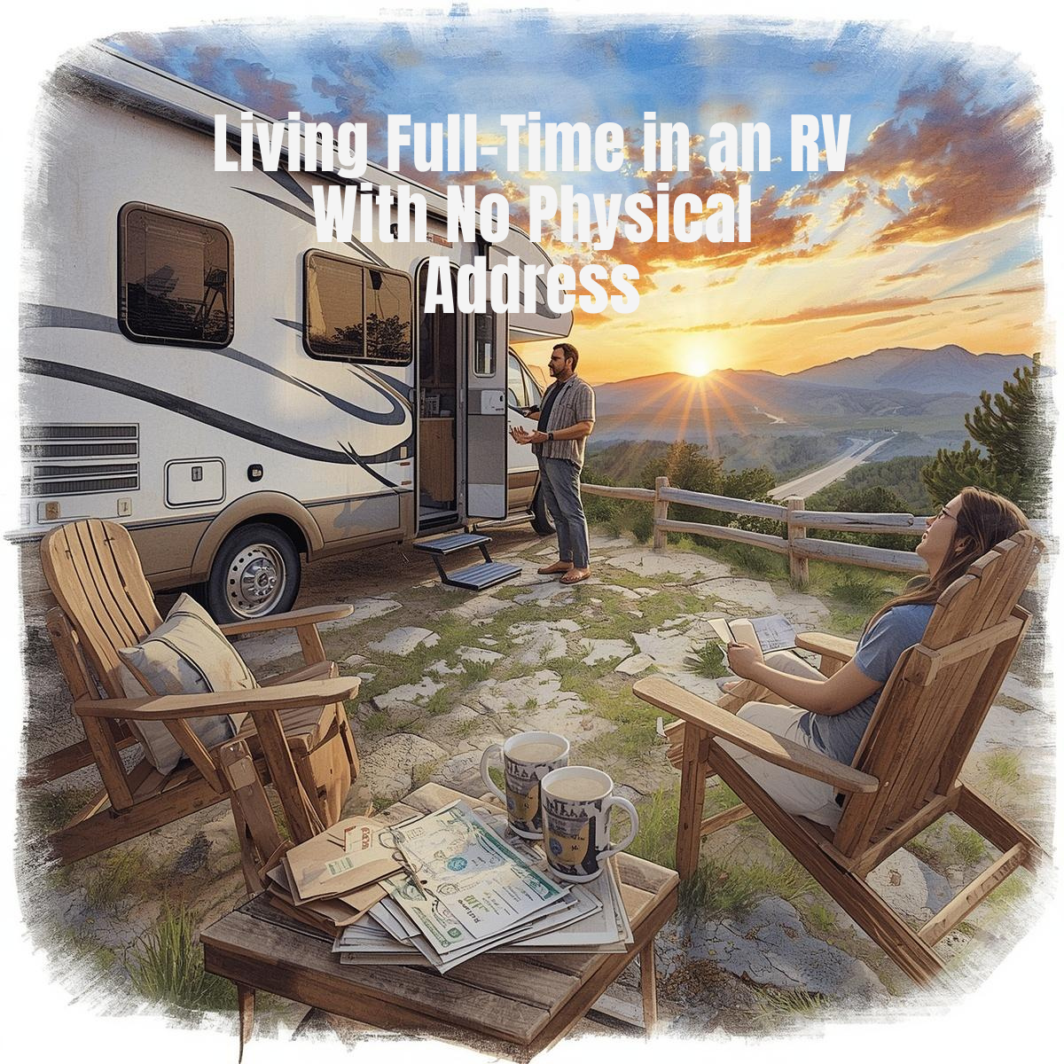 A man stands by an RV parked at a scenic overlook, while a woman sits nearby reading a newspaper. Text reads, "Living Full Time in an RV—embracing life on the road with no permanent address.