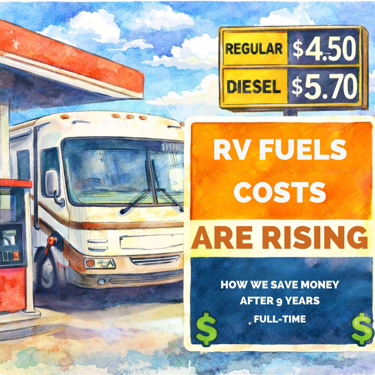 An RV at a gas station with signs showing rising fuel costs: regular at $4.50, diesel at $5.70. Text reads: "RV fuel costs are rising—here’s how we save money after 9 years of full-time RV living.