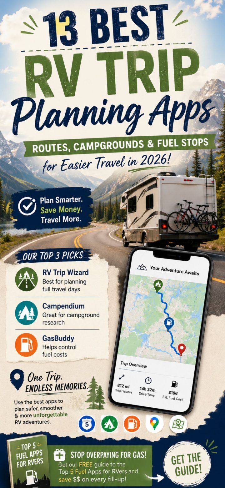 Infographic titled "13 Best RV Trip Planning Apps" features an RV on a scenic road, app icons, and highlights top RV Trip Planning apps for routing, campgrounds, and fuel stops for 2026 travel.