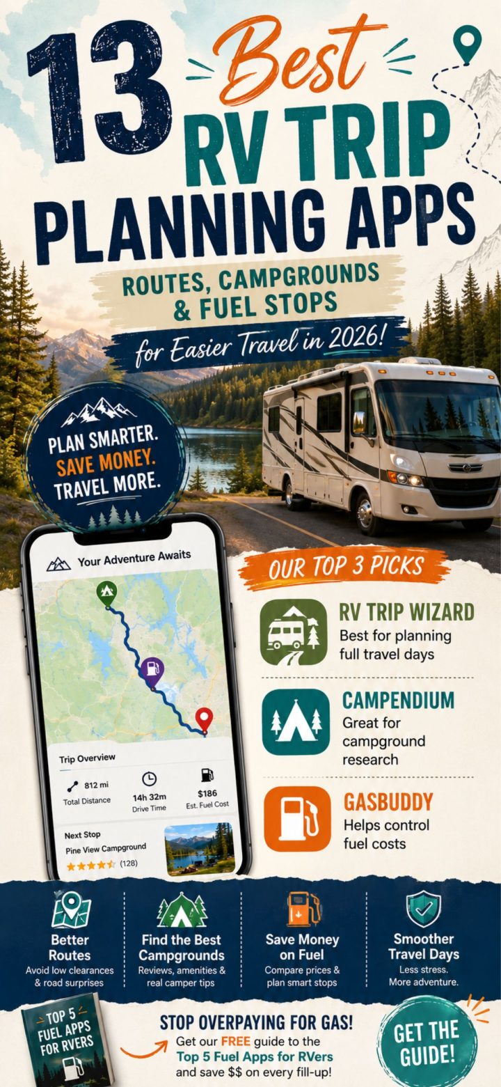 Infographic listing 13 best RV trip planning apps for routes, campgrounds, and fuel stops, highlighting top RV Trip Planning tools like RV Trip Wizard, Campendium, and GasBuddy for easier travel in 2026.