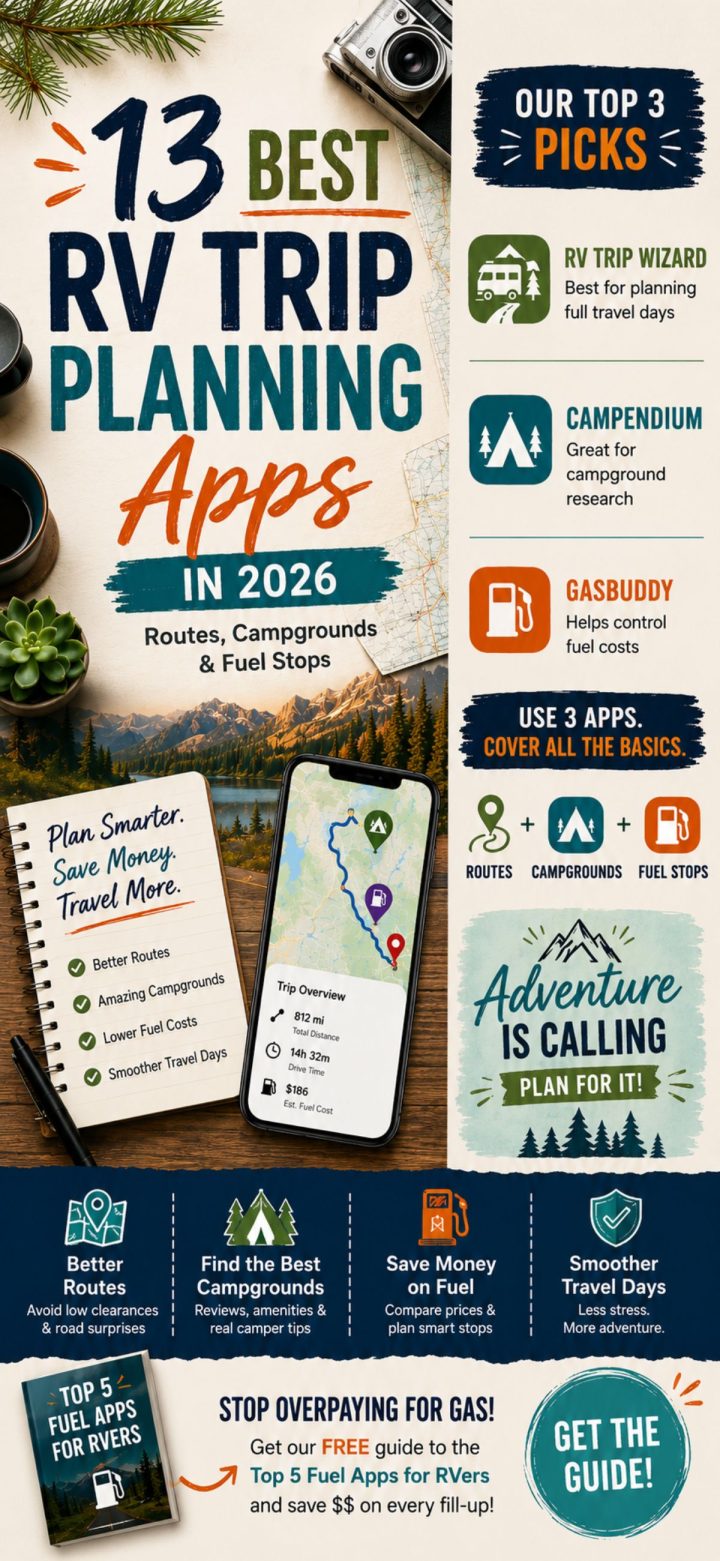 Infographic titled "13 Best RV Trip Planning Apps in 2026," featuring RV trip planning app recommendations, benefits, and icons related to trip planning, campgrounds, gas savings, and adventure.