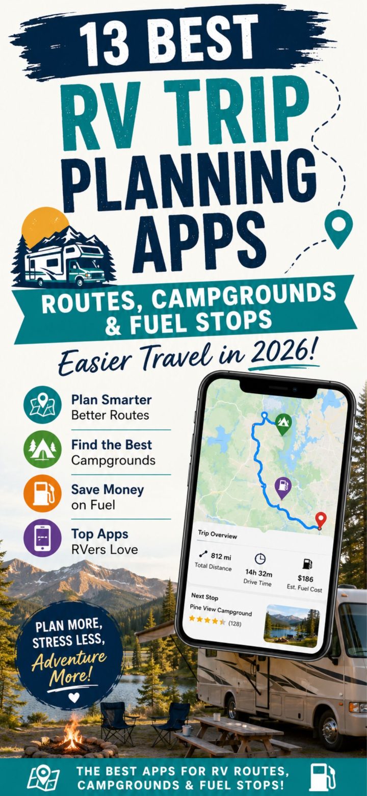 Promotional graphic for RV Trip Planning apps, featuring a map on a smartphone, an RV, and text about routes, campgrounds, fuel stops, and planning tips for 2026.