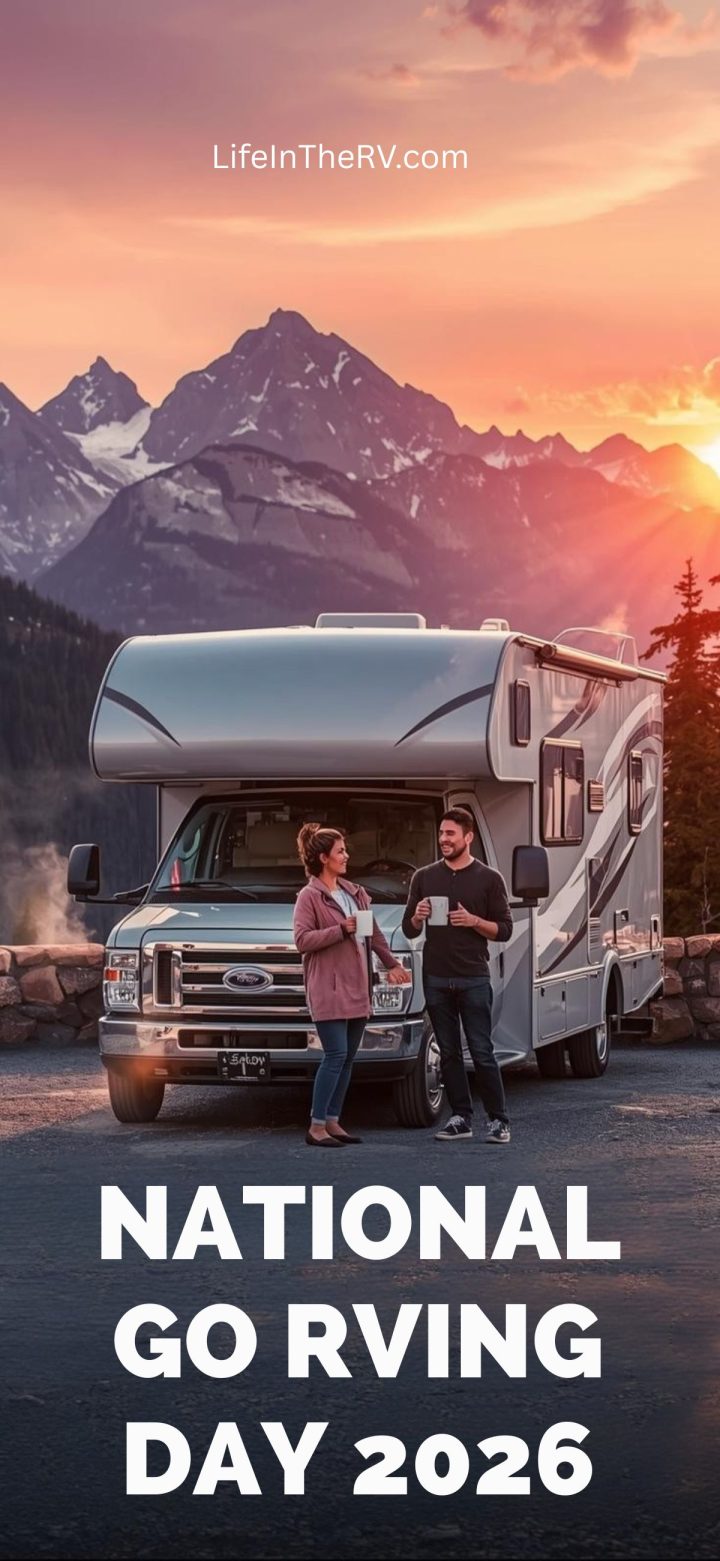A couple stands in front of a parked RV with mountains at sunset. Text reads "National Go RVing Day 2026" and "LifeInTheRV.com." Celebrate adventure and freedom on National Go RVing Day!.