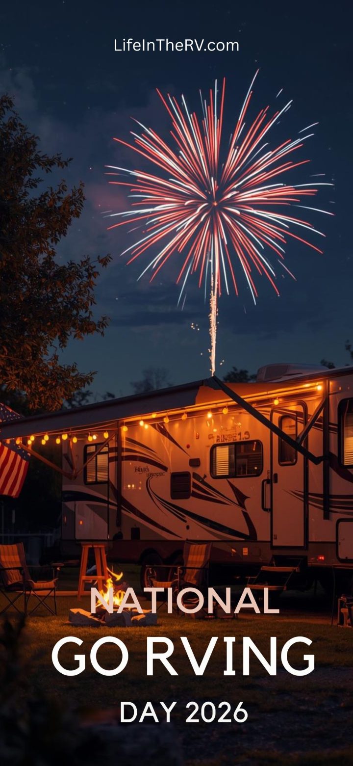 A recreational vehicle parked at night under string lights with fireworks in the sky; text reads "Celebrate National Go RVing Day 2026.